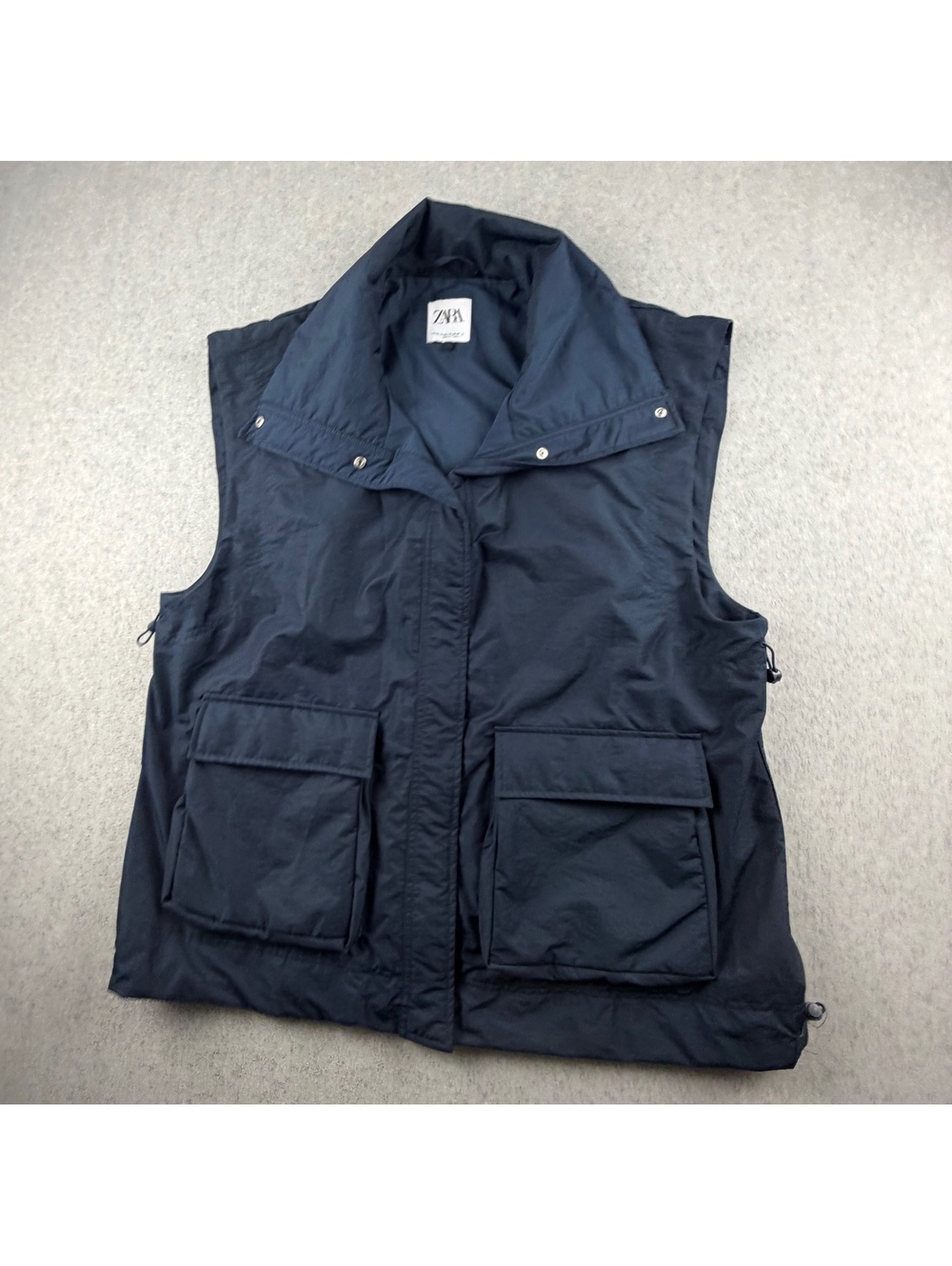 Zara Womens M-L Navy Blue Boxy Utility Vest Cargo Pockets Cinch Waist Gorpcore